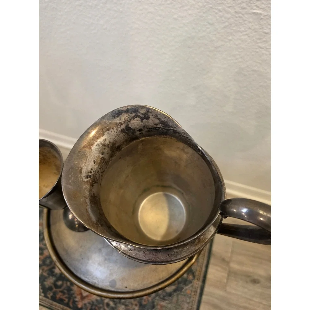 Vintage Silver colored Water Pitcher and Goblet Set Ornate Barware Decor